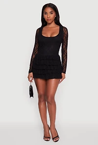 Womens Floral Lace Ruffle Tiered Keyhole Back Mini Dress, Black, Size XL