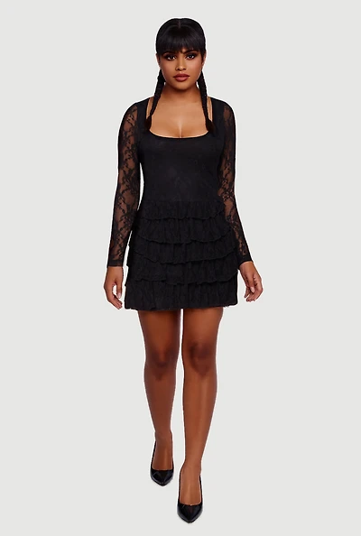 Womens Floral Lace Ruffle Tiered Keyhole Back Mini Dress, Black,
