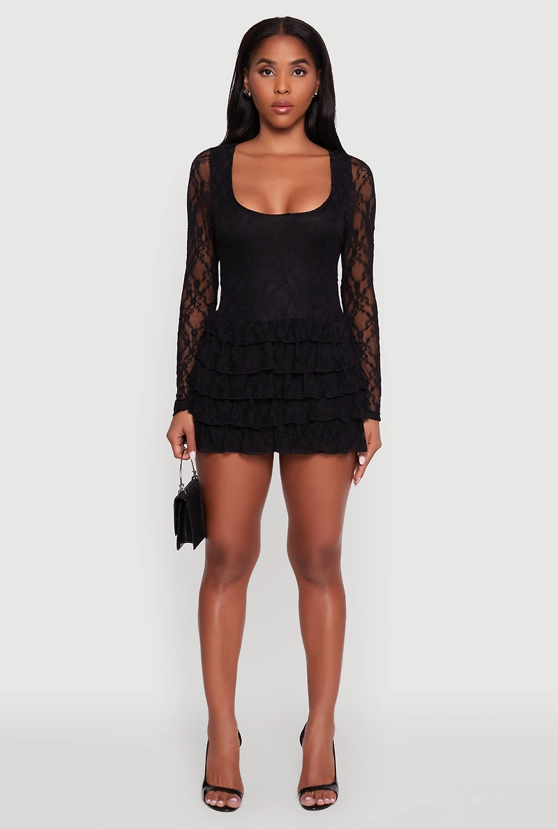 Womens Floral Lace Ruffle Tiered Keyhole Back Mini Dress, Black, Size XL