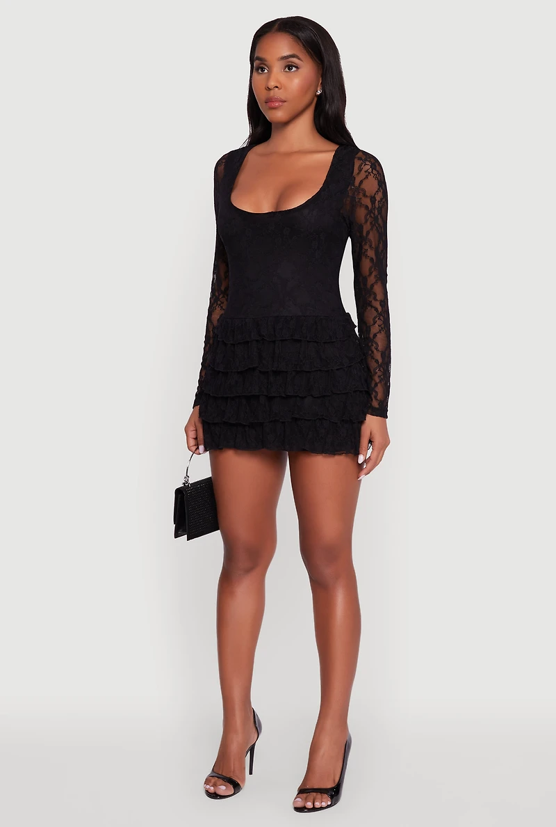 Womens Floral Lace Ruffle Tiered Keyhole Back Mini Dress, Black, Size XL