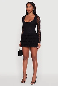 Womens Floral Lace Ruffle Tiered Keyhole Back Mini Dress,