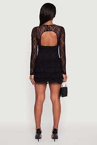 Womens Floral Lace Ruffle Tiered Keyhole Back Mini Dress, Black, Size XL