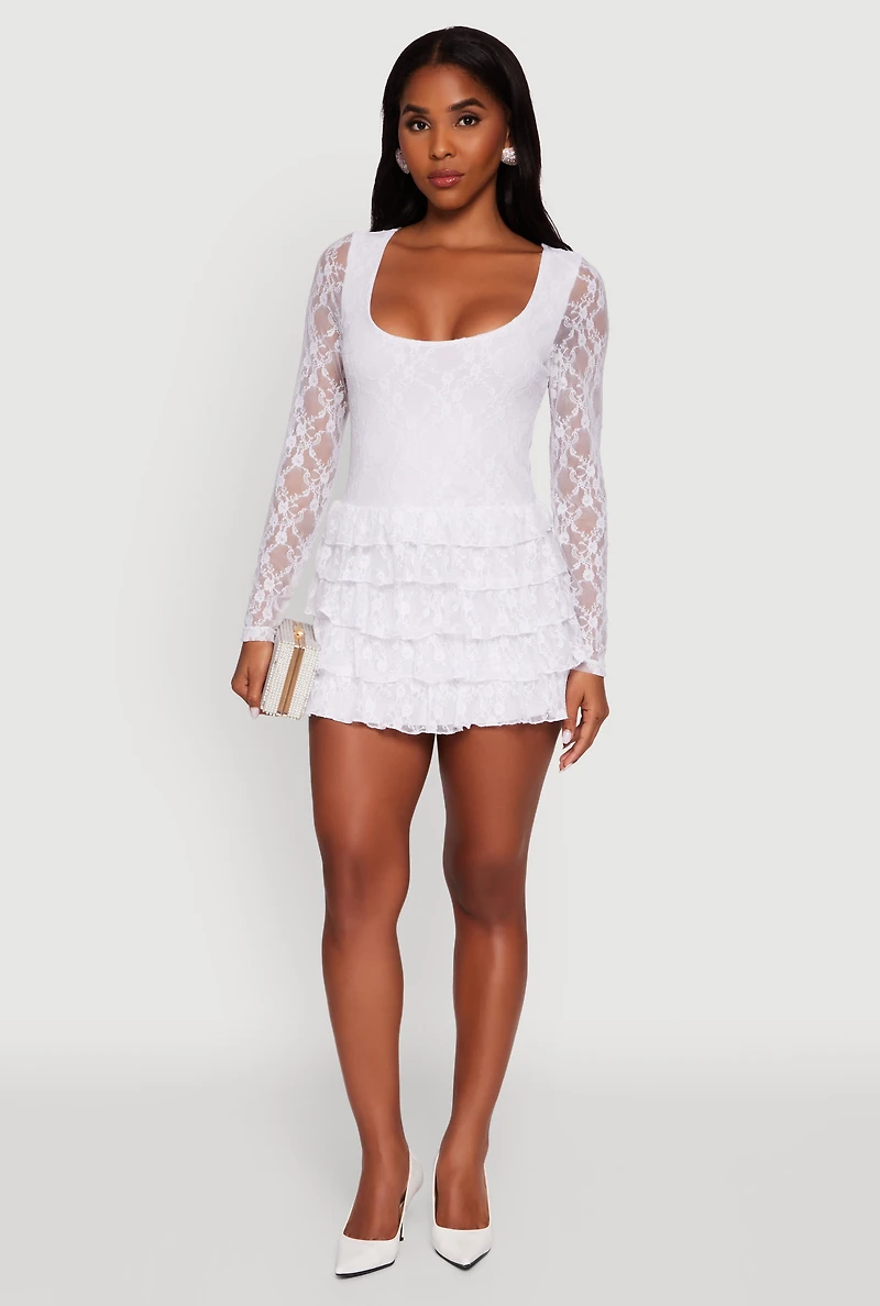 Womens Floral Lace Ruffle Tiered Keyhole Back Mini Dress, White, Size M