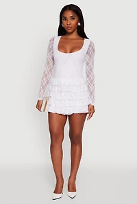 Womens Floral Lace Ruffle Tiered Keyhole Back Mini Dress, White, Size M