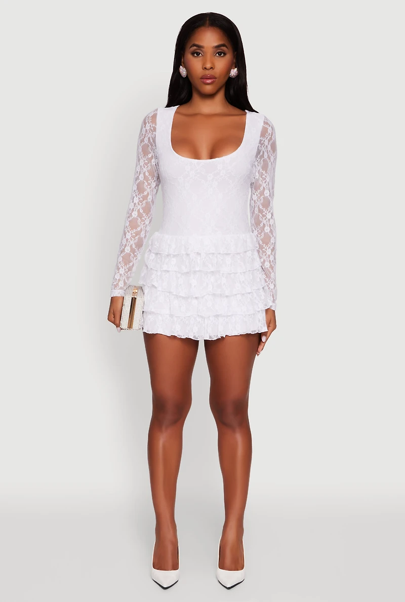 Womens Floral Lace Ruffle Tiered Keyhole Back Mini Dress, White, Size M