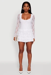 Womens Floral Lace Ruffle Tiered Keyhole Back Mini Dress, White, Size M