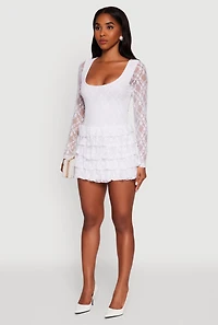 Womens Floral Lace Ruffle Tiered Keyhole Back Mini Dress, White, Size M