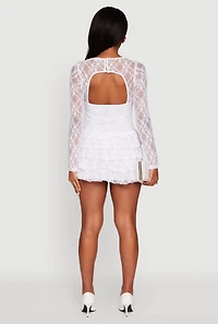 Womens Floral Lace Ruffle Tiered Keyhole Back Mini Dress, White, Size M
