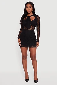 Womens Floral Lace Tie Front Studded Keyhole Detail Micro Dress,