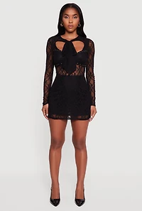 Womens Floral Lace Tie Front Studded Keyhole Detail Micro Dress, Black, Size L