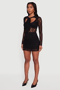 Womens Floral Lace Tie Front Studded Keyhole Detail Micro Dress, Black, Size L