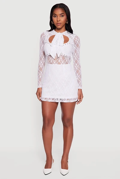 Womens Floral Lace Tie Front Studded Keyhole Detail Micro Dress, White,