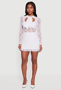 Womens Floral Lace Tie Front Studded Keyhole Detail Micro Dress, White,