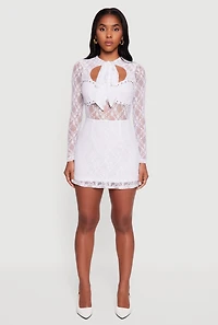 Womens Floral Lace Tie Front Studded Keyhole Detail Micro Dress, White,