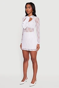Womens Floral Lace Tie Front Studded Keyhole Detail Micro Dress, White,