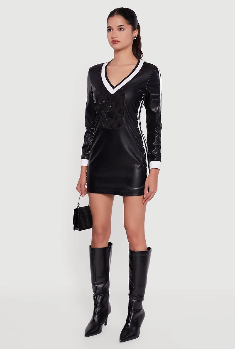 Studded 9 Graphic Faux Leather Mini Dress