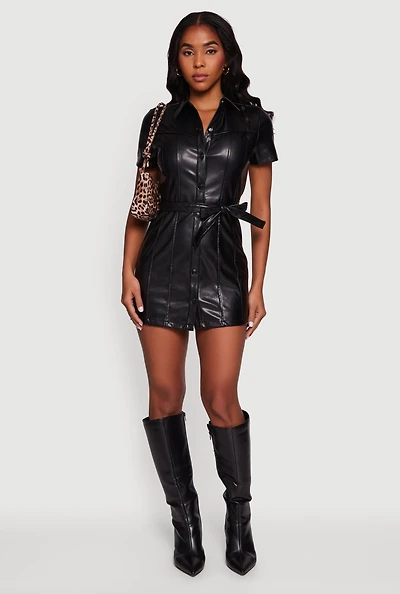 Faux Leather Tie Waist Belted Snap Button Front Dress