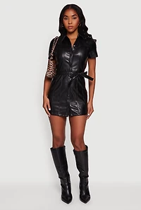 Faux Leather Tie Waist Belted Snap Button Front Dress