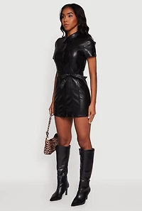 Faux Leather Tie Waist Belted Snap Button Front Dress