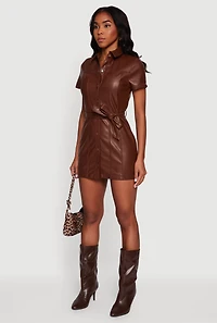 Womens Faux Leather Tie Waist Belted Snap Button Front Dress, Brown, Size S