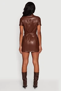 Womens Faux Leather Tie Waist Belted Snap Button Front Dress, Brown,