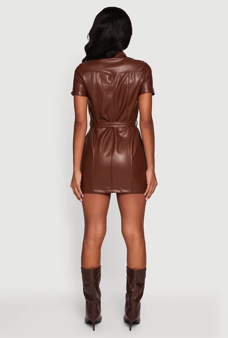Womens Faux Leather Tie Waist Belted Snap Button Front Dress, Brown, Size S