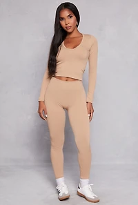 Seamless Ribbed Knit Long Sleeve Top and Leggings Set