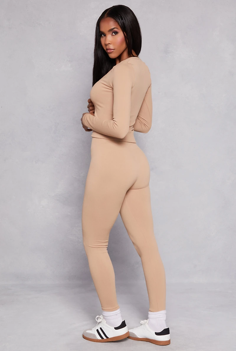 Seamless Ribbed Knit Long Sleeve Top and Leggings Set