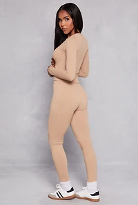Seamless Ribbed Knit Long Sleeve Top and Leggings Set