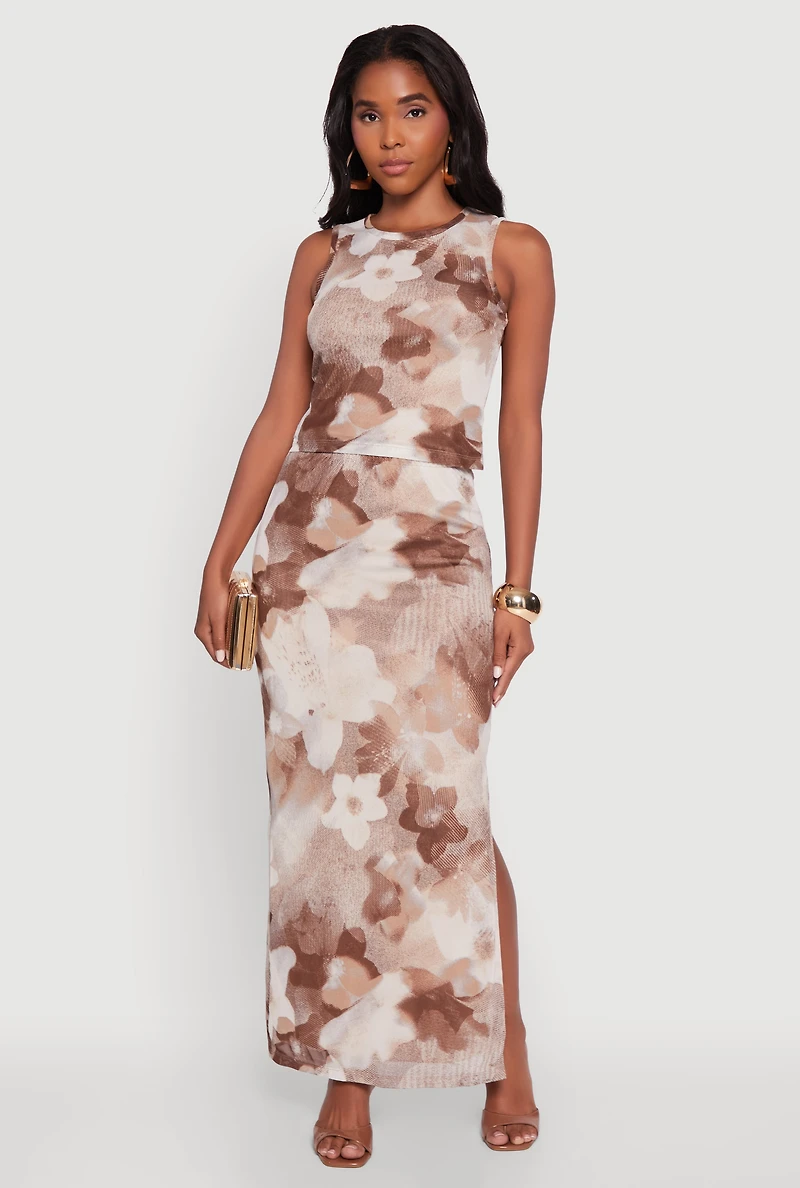 Womens Printed Patterned Mesh Tank Top and Side Slit Maxi Skirt, Brown,