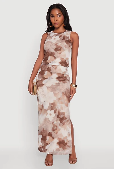 Womens Printed Patterned Mesh Tank Top and Side Slit Maxi Skirt, Brown,