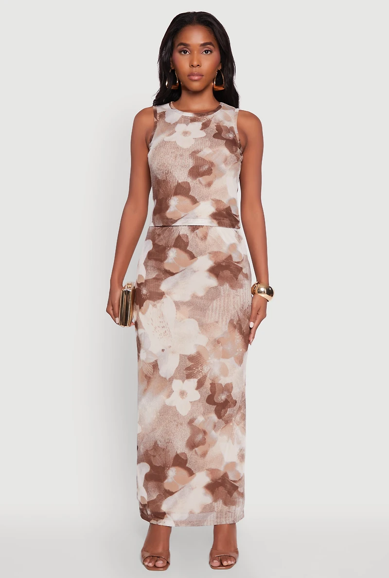 Womens Printed Patterned Mesh Tank Top and Side Slit Maxi Skirt, Brown,