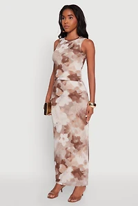 Womens Printed Patterned Mesh Tank Top and Side Slit Maxi Skirt, Brown,