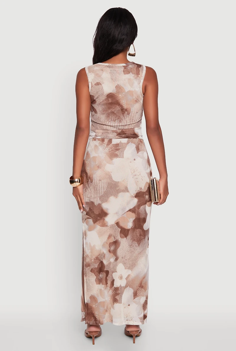 Womens Printed Patterned Mesh Tank Top and Side Slit Maxi Skirt, Brown,