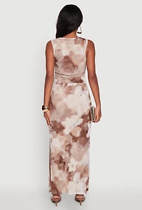Womens Printed Patterned Mesh Tank Top and Side Slit Maxi Skirt, Brown,