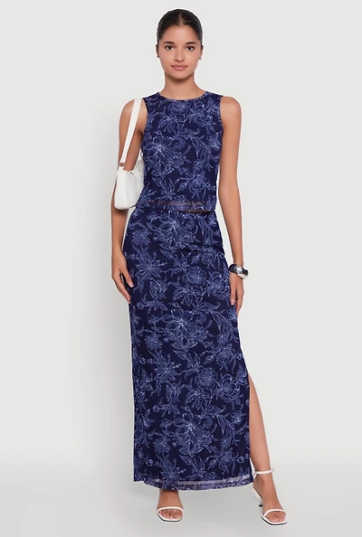 Womens Printed Patterned Mesh Tank Top and Side Slit Maxi Skirt,