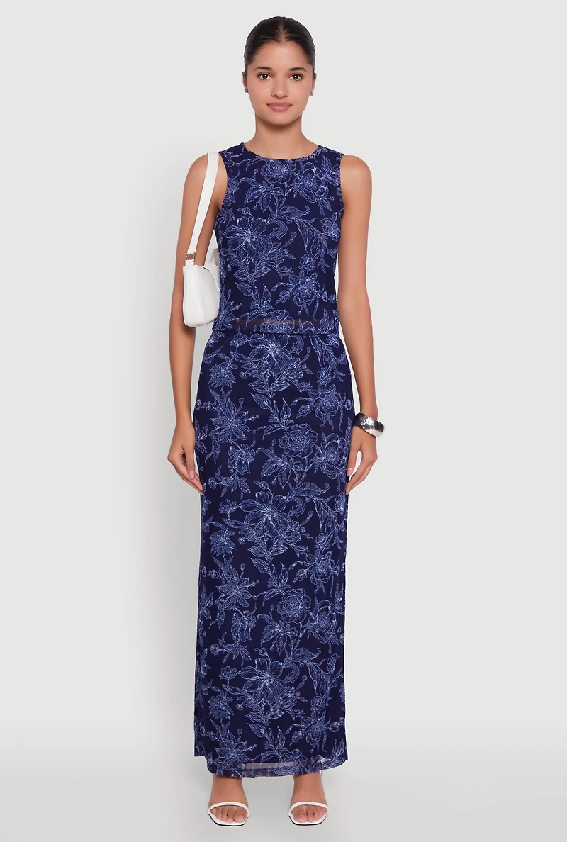 Womens Printed Patterned Mesh Tank Top and Side Slit Maxi Skirt,
