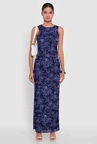 Womens Printed Patterned Mesh Tank Top and Side Slit Maxi Skirt,