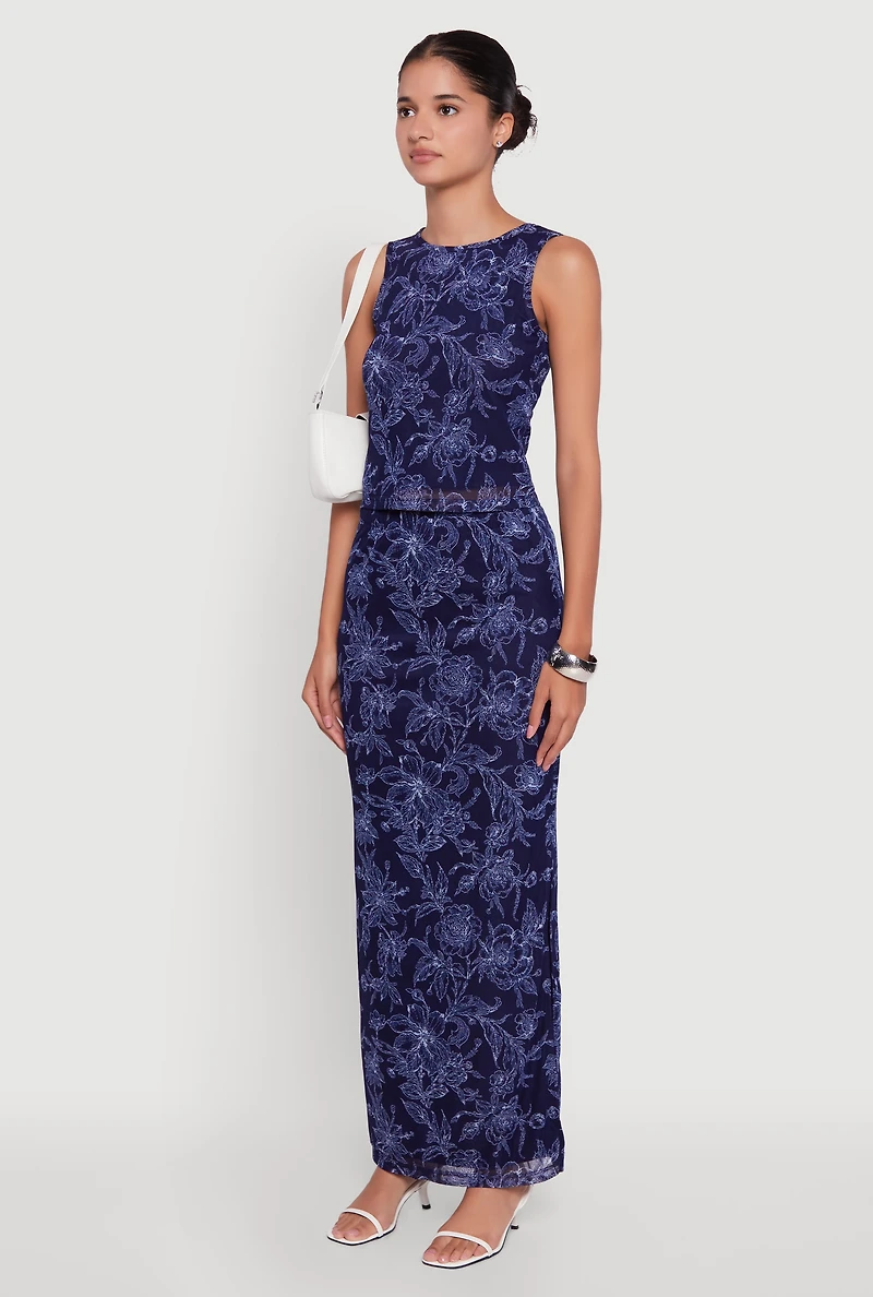 Womens Printed Patterned Mesh Tank Top and Side Slit Maxi Skirt,