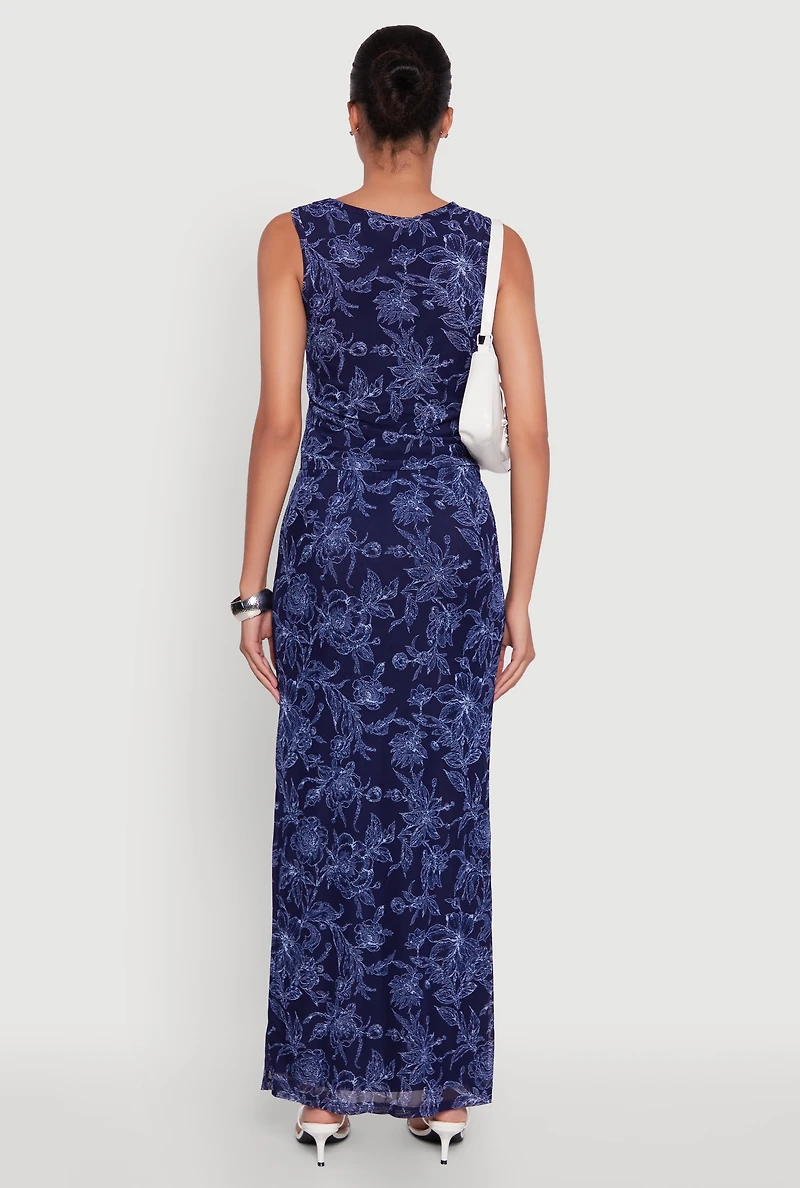 Womens Printed Patterned Mesh Tank Top and Side Slit Maxi Skirt,