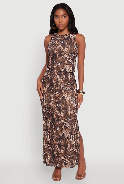 Womens Printed Patterned Mesh Tank Top and Side Slit Maxi Skirt, Brown,