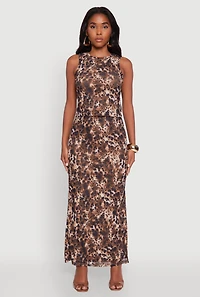 Womens Printed Patterned Mesh Tank Top and Side Slit Maxi Skirt, Multi,