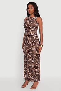 Womens Printed Patterned Mesh Tank Top and Side Slit Maxi Skirt, Multi,