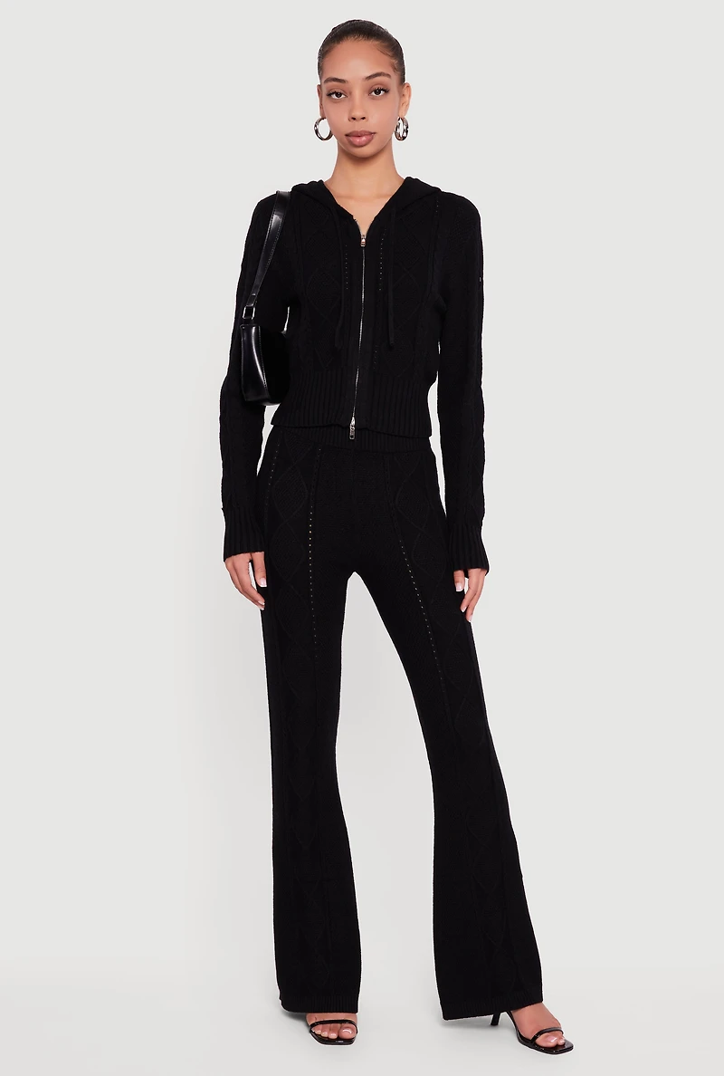 Womens High Waisted Cable Knit Pull On Pants, Black, Size XL