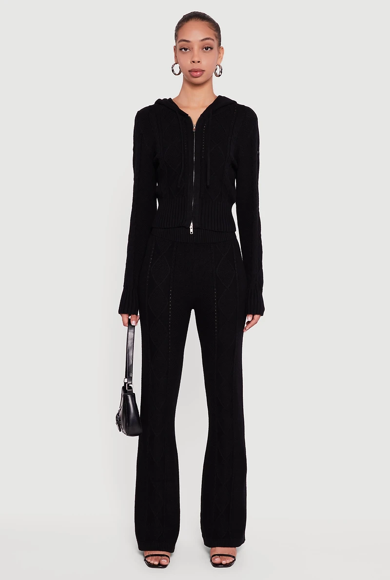 Womens High Waisted Cable Knit Pull On Pants, Black, Size XL