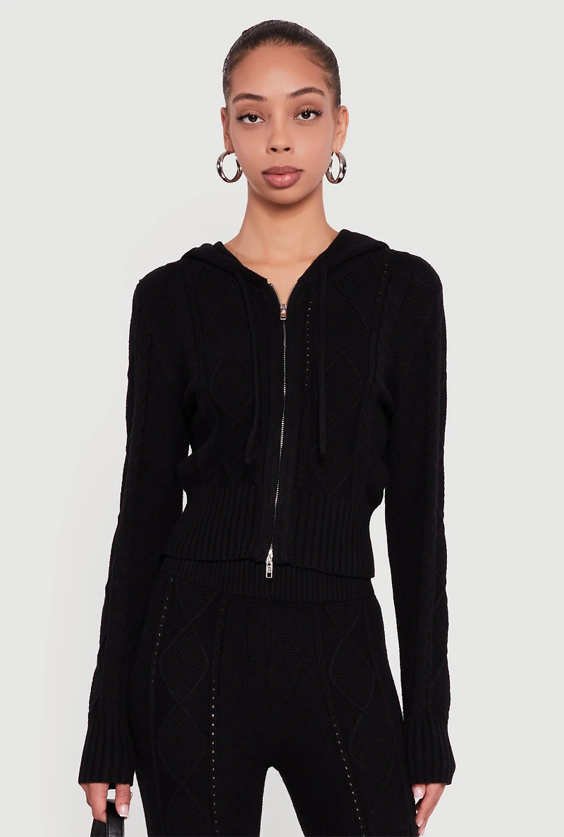 Zip Front Cable Knit Hooded Cardigan
