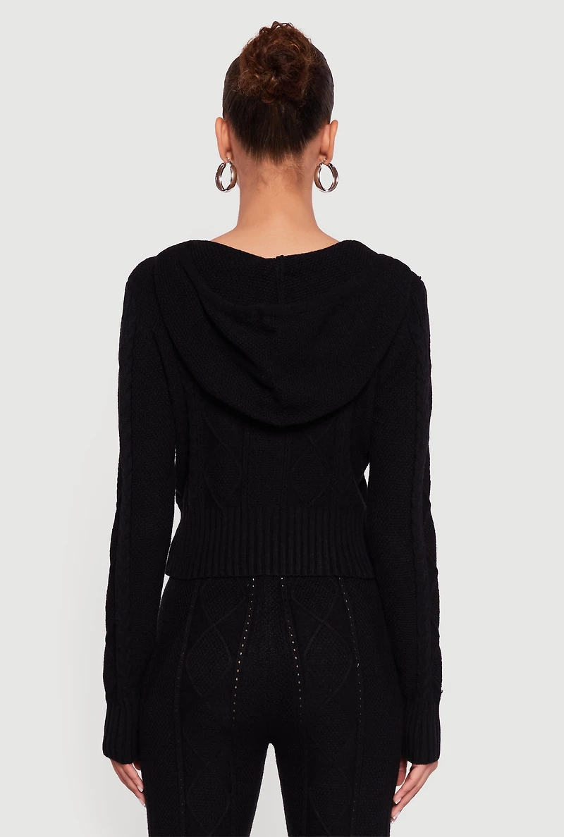 Womens Zip Front Cable Knit Hooded Cardigan,