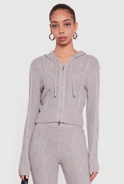 Womens Zip Front Cable Knit Hooded Cardigan, Grey, Size L