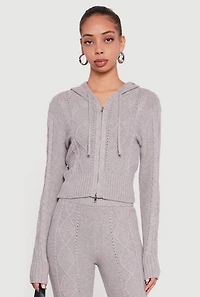 Womens Zip Front Cable Knit Hooded Cardigan, Grey, Size L