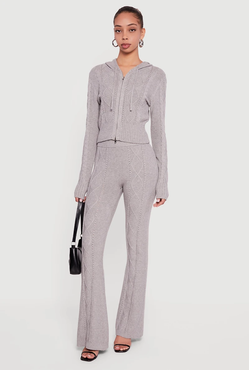 Womens Zip Front Cable Knit Hooded Cardigan, Grey, Size L